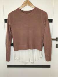 H&M sweter damski S z koszulą sweterek brudny róż ciepły elegancki