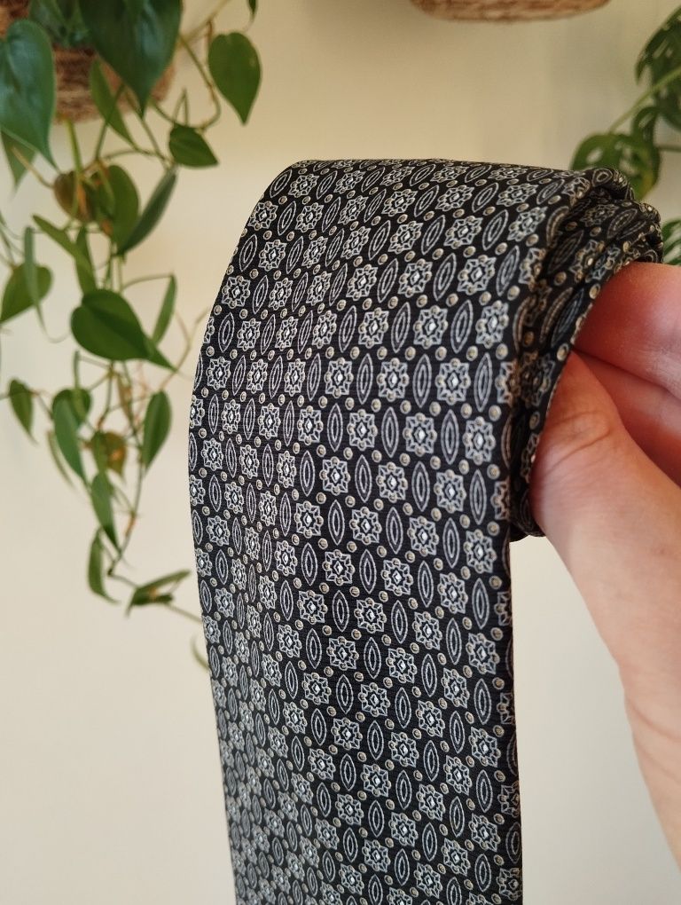 Męski jedwabny krawat 100% silk we wzorki, czarny, szary, 9,5 cm, Cand