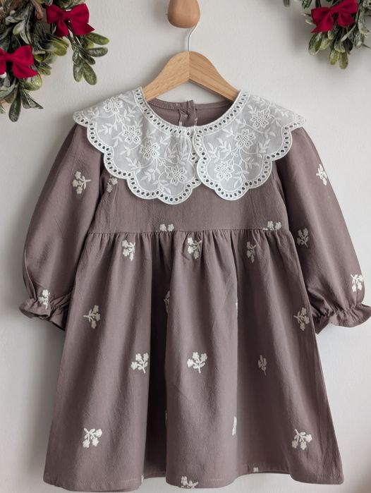 Brązowa sukienka 98 ażurowy kołnierzyk boho świąteczna vintage