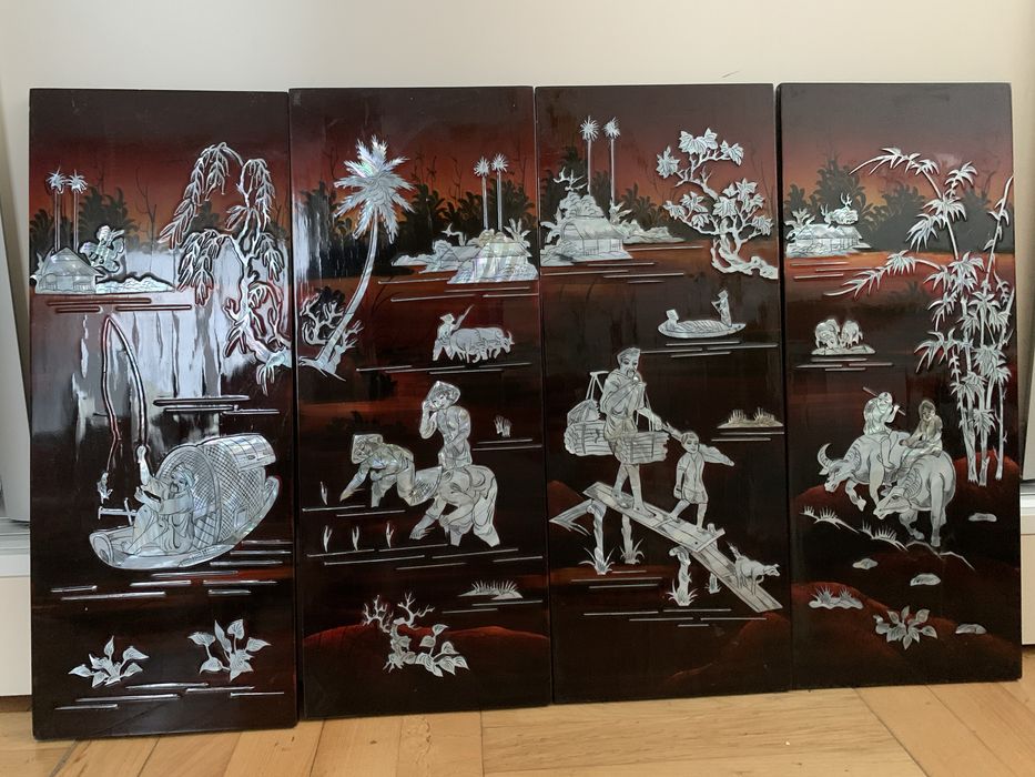 Комплект картин з червоного дерева та натуральними перлами