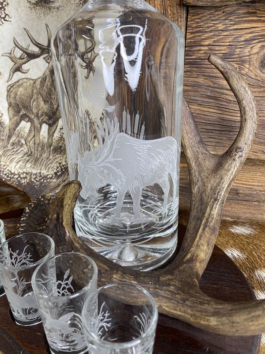 Zestaw karafka+kieliszki wyrób z poroża jeleń hand made prezent P361