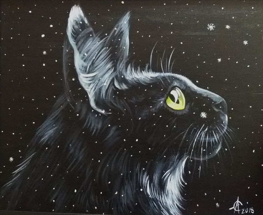 Картина "Кот и первый снег", холст, акрил, 40*50