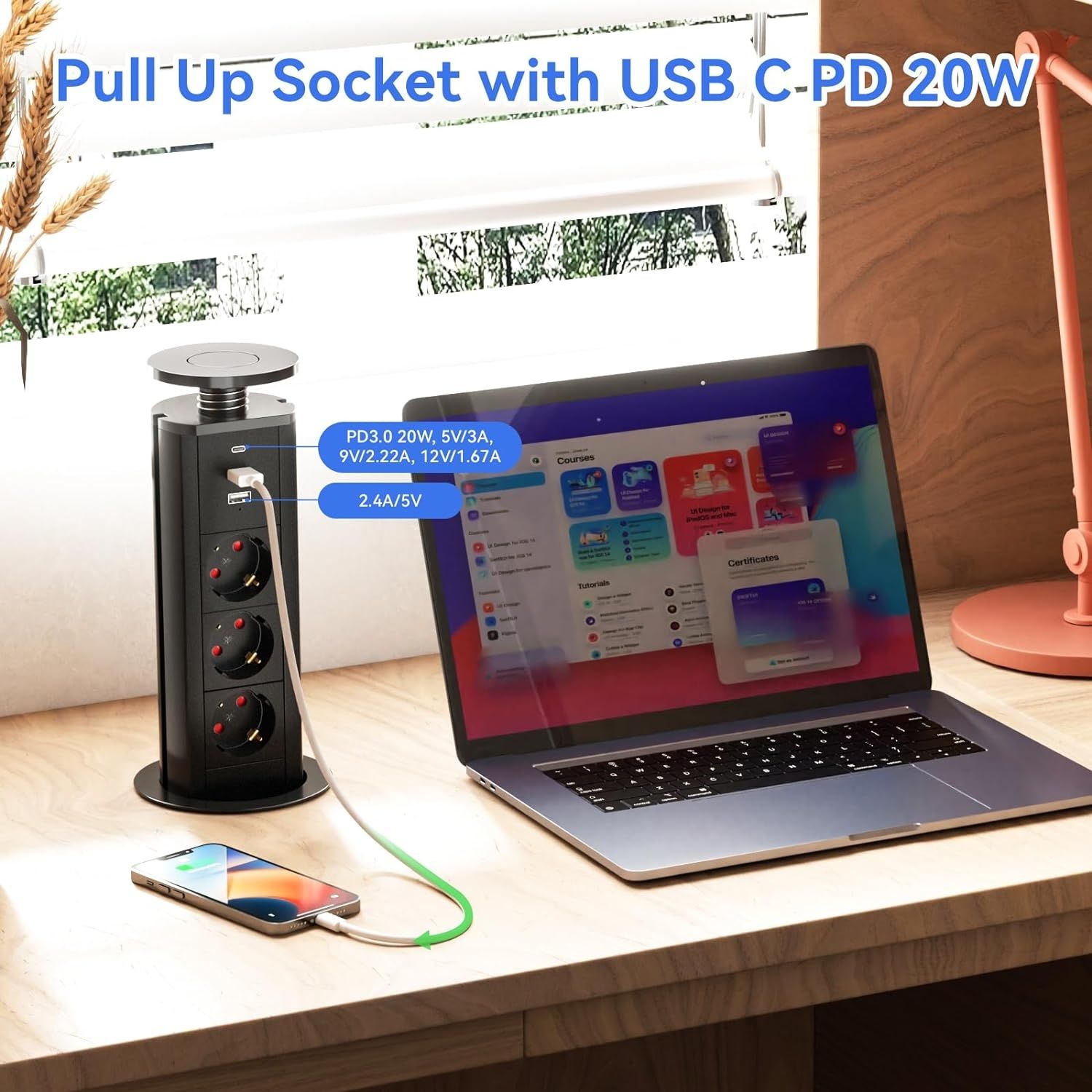 Wysuwana listwa zasilająca z USB C PD20W, 3-krotne wpuszczane gniazdko