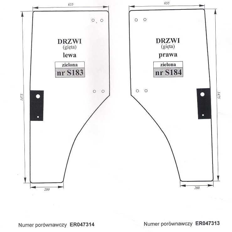 szyba do ciągnika John Deere  5300 - drzwi lewe, prawe  S 183  S 184