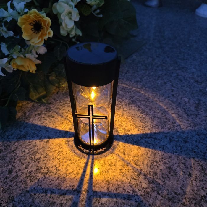2x ZNICZ solarny led LAMPION na grób statuetka na cmentarz z krzyżem