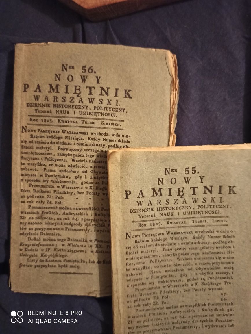 Zabytek Pamiętnik Warszawski 1805 r 2 szt