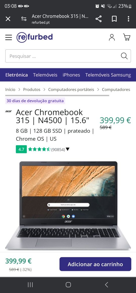 Acer Chromebook C315 8GB/128GB 15.6". Troca/retoma. Acessórios