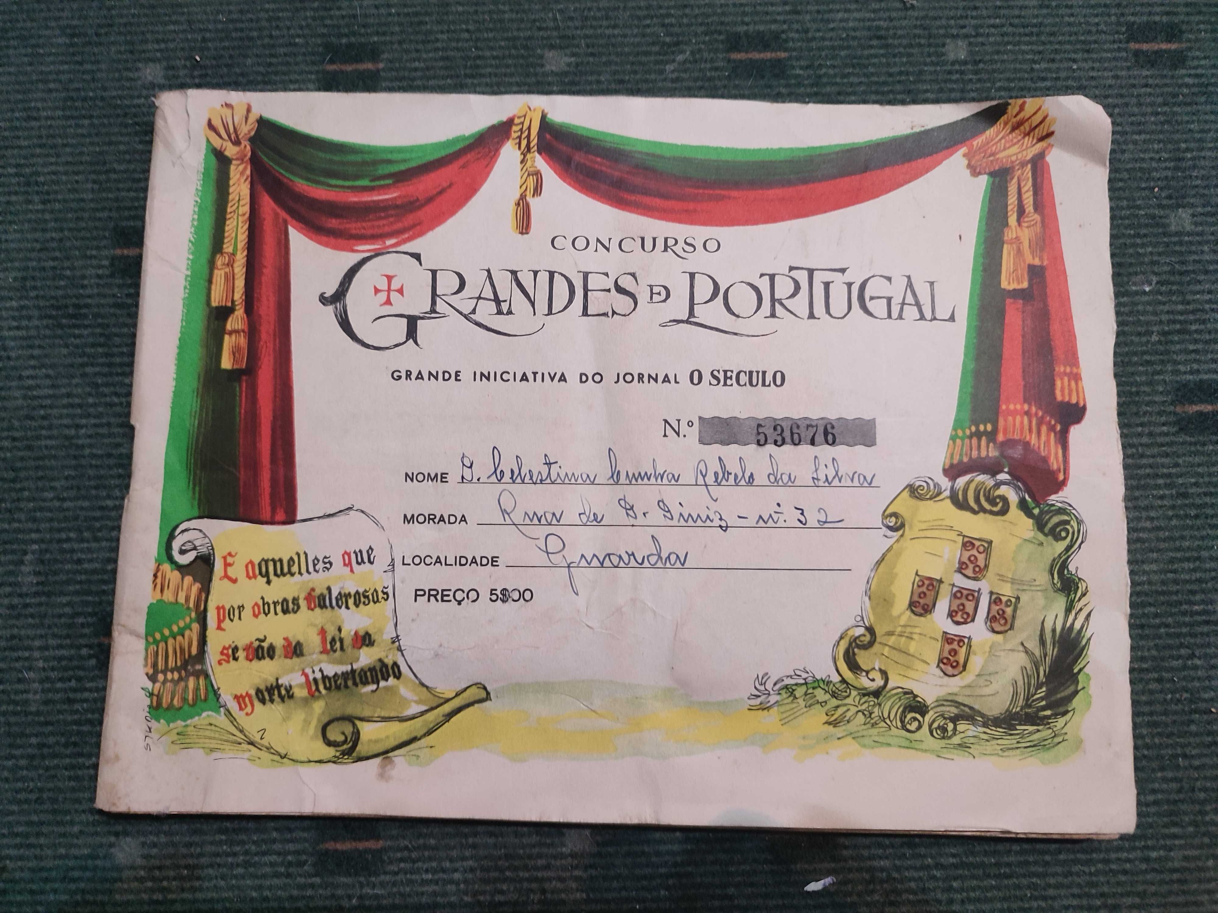 Caderneta Concurso Grandes de Portugal Jornal O Século