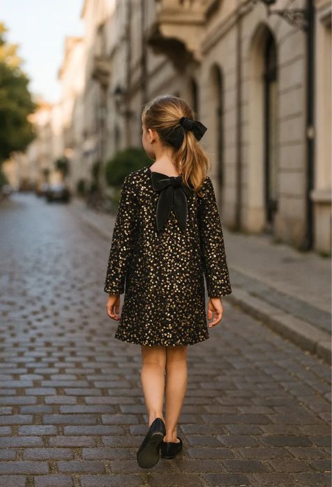 Nowa viralowa sukienka z cekinami i kokardą 134/140