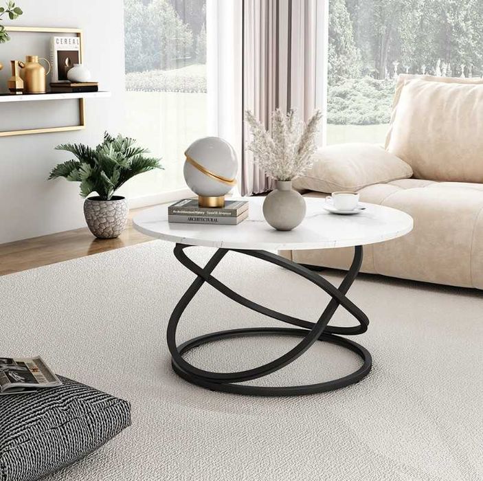 STOLIK kawowy LOFT Ława, stół do salonu, biały marmur 80 cm, okrągły