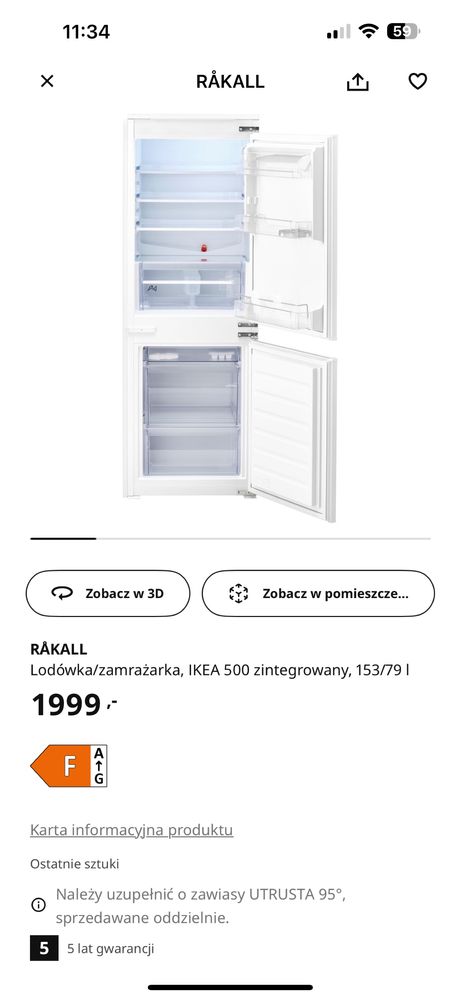 IKEA lodowka zamrazarka do zabudowy RAKALL 153/79 |