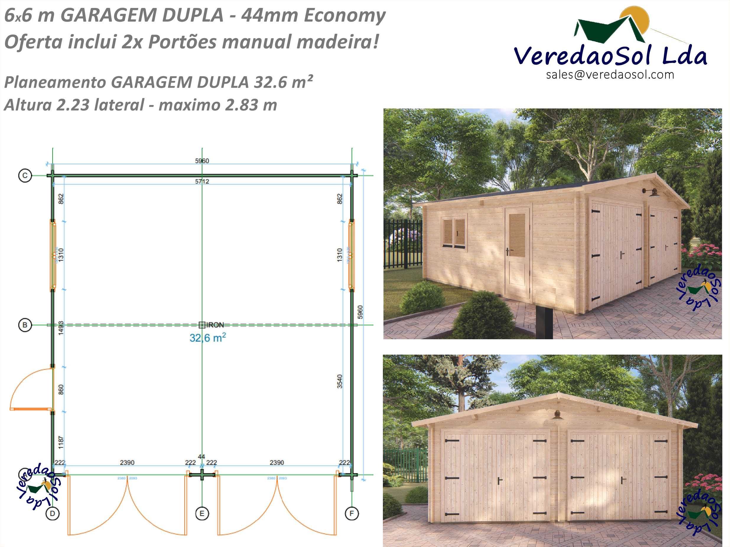 KIT madeira 6x6 m GARAGEM DUPLA 34m² 44mm sem e com portões IMBATÍVEL