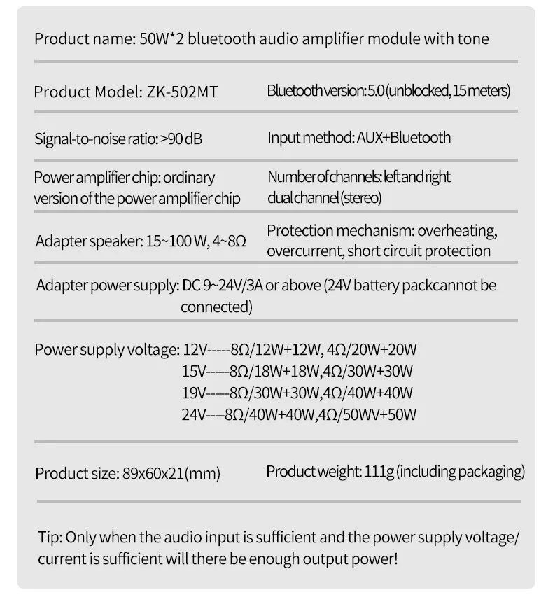 Усилитель мощности аудио 2*50W+ Bluetooth 5.0, AUX,підсилювач ZK-502MT