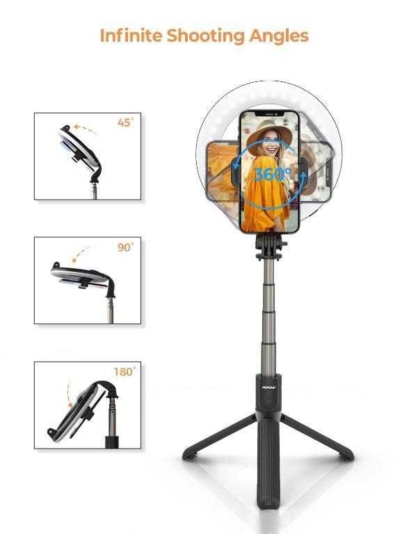 MPOW PA213B Selfie Stick Kijek z lampą pierścieniową Ring Statyw LED