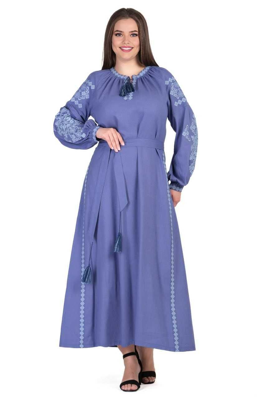 Вишукана блакитна лляна сукня вишиванка, Р-ри: S, M, L, XL, 2XL, 3XL