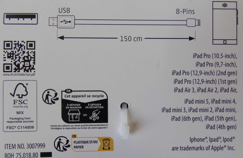 Kabel USB Apple Lightning Iphone iPad Pro 8 pin ładowanie długość 1,5m