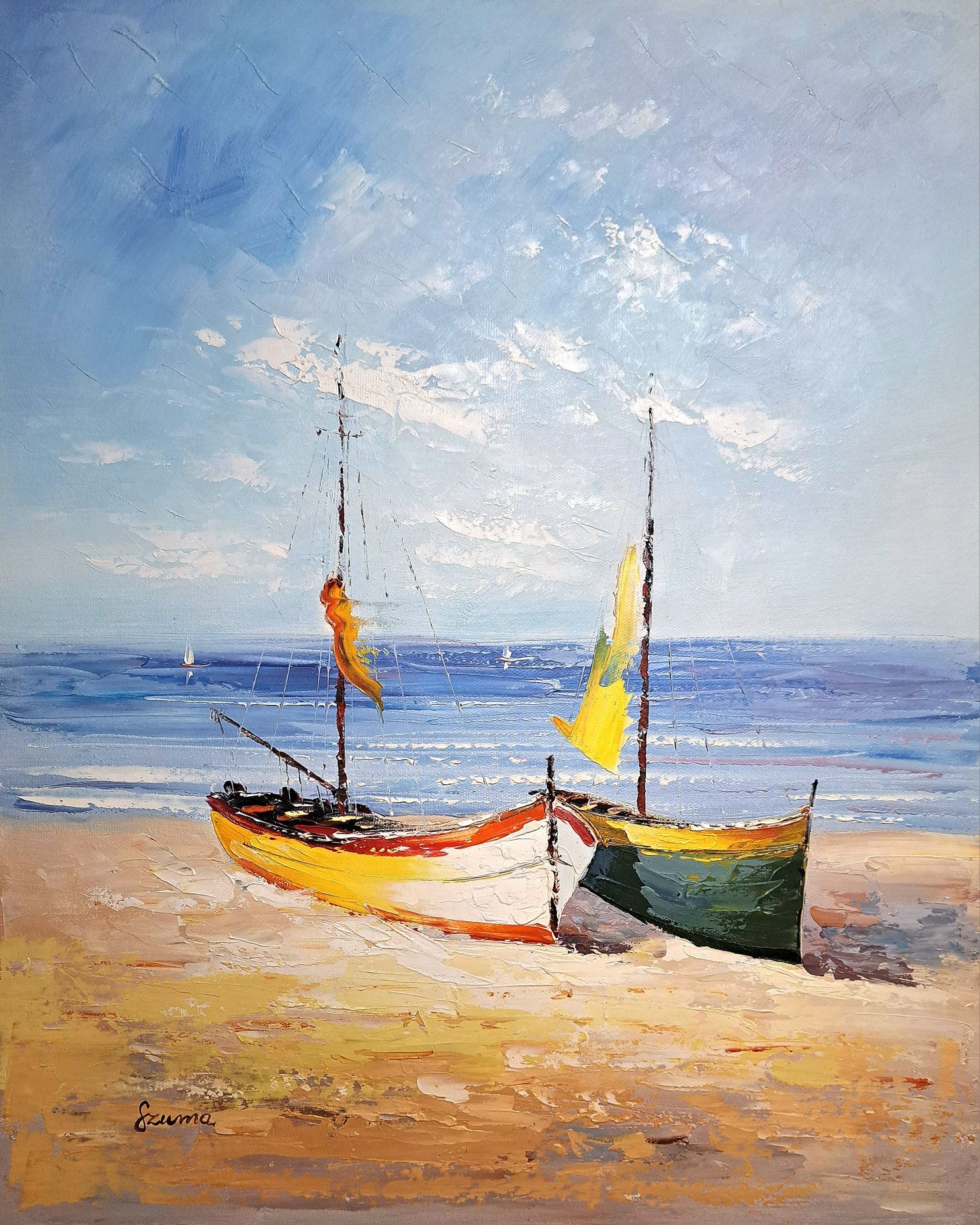 Łodzie,  plaża  obraz olej na płótnie ręcznie malowany 50cm x 60cm