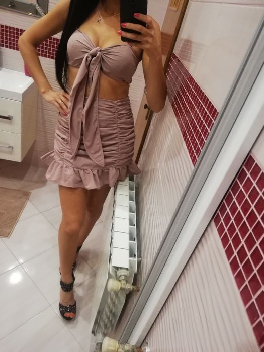 Komplet zestaw set muślinowy letni s 36 spódniczka crop top bluzka fal