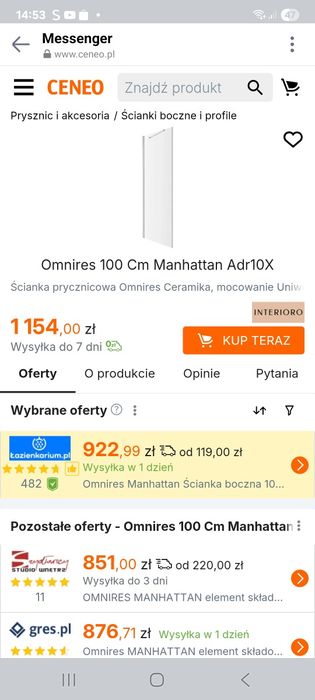 Ścianka prysznicowa Omnires 100 Cm Manhattan Adr10X