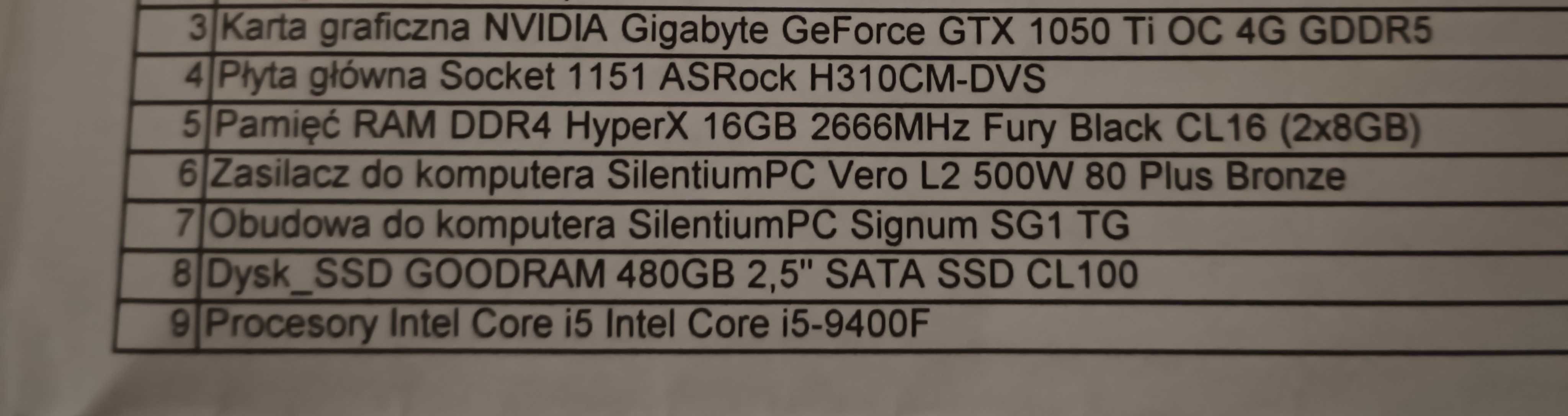 Komputer stacjonarny i5-9400f, gtx 1050 TI 4GB + Monitor AOC