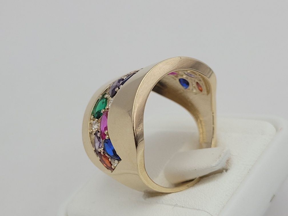 Nowy złoty pierścionek złoto próby 585, kolorowe cyrkonie rozmiar 19.5