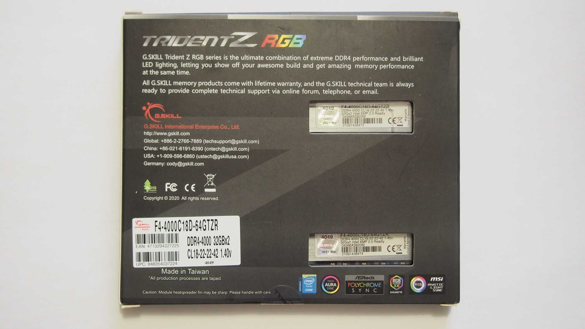 G.Skill 64 GB (2x32GB) DDR4 4000 MHz Trident Z RGB F4-4000C18D-64GTZR