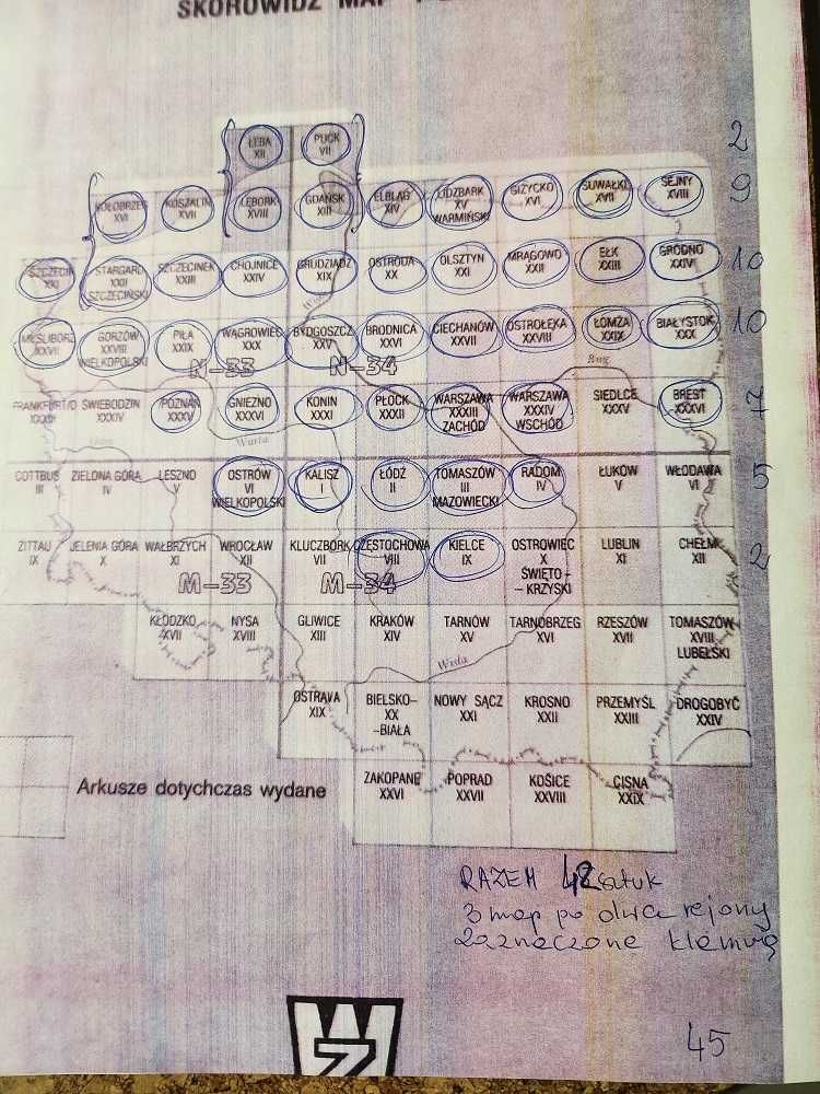 Zestaw 75 sztuk Map topograficznych Polski skala 1 do 100 tysięcy