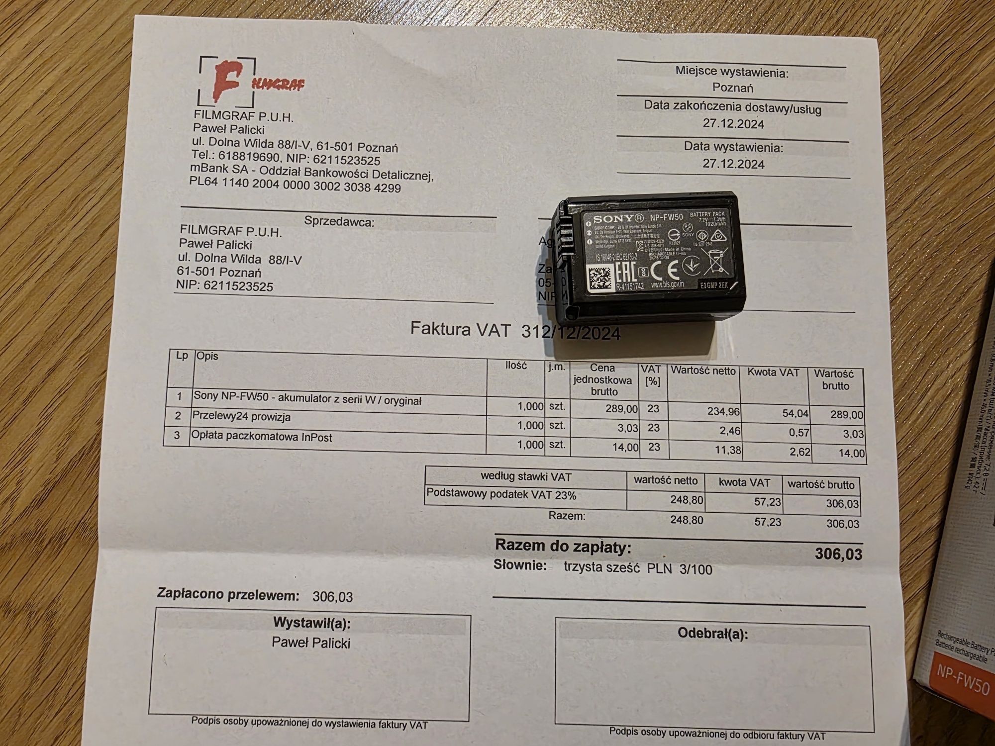 Oryginalny akumulator Sony NP-FW50 z serii W