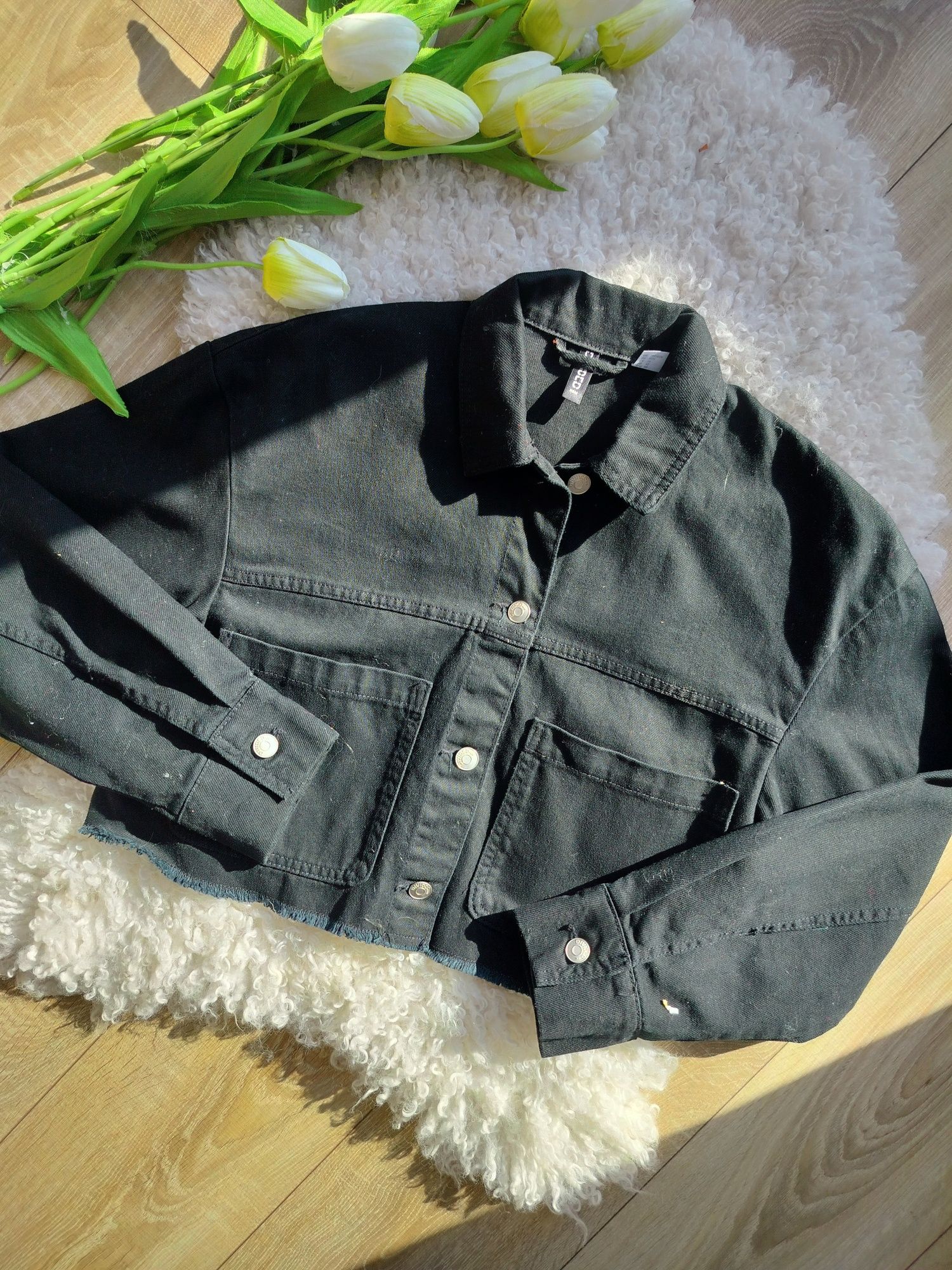 nowa czarna kurtka jeansowa oversize krótka strzępiona katana h&M M