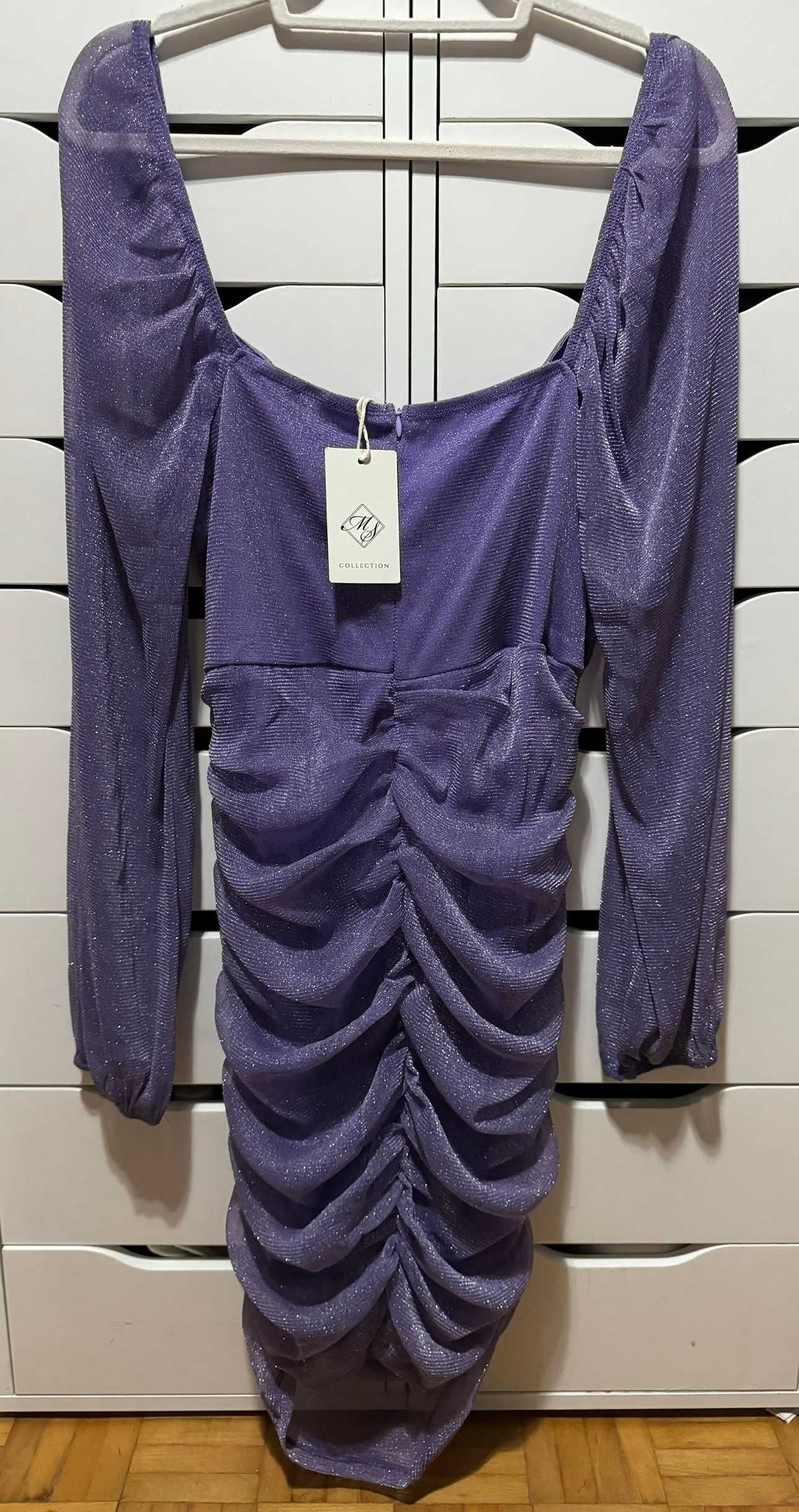 sukienka brokatowa błyszcząca liliowa 46