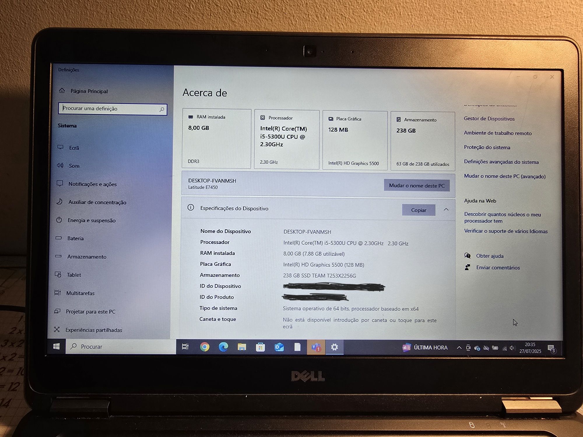 Portátil Dell Latitude E7450 | 14", 8 GB RAM, 240 GB SSD