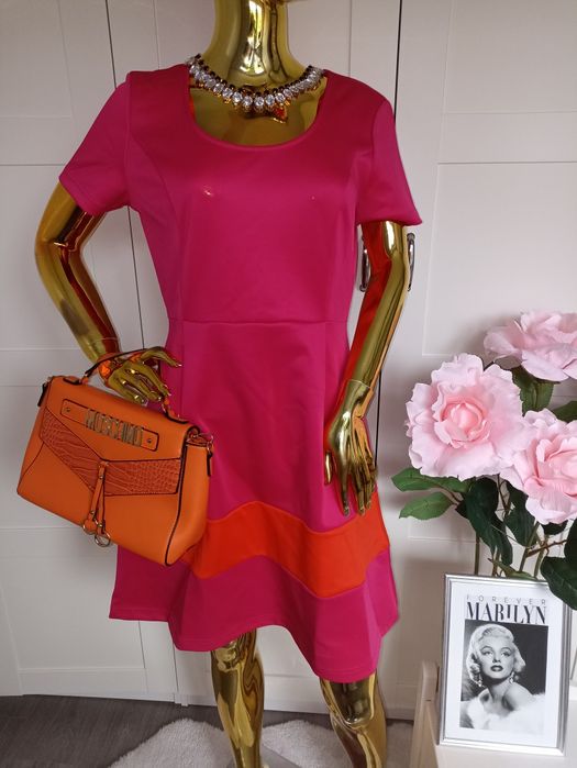 Nowa krótka sukienka malinowa z pomarańczową wstawką Bonprix R.40/42