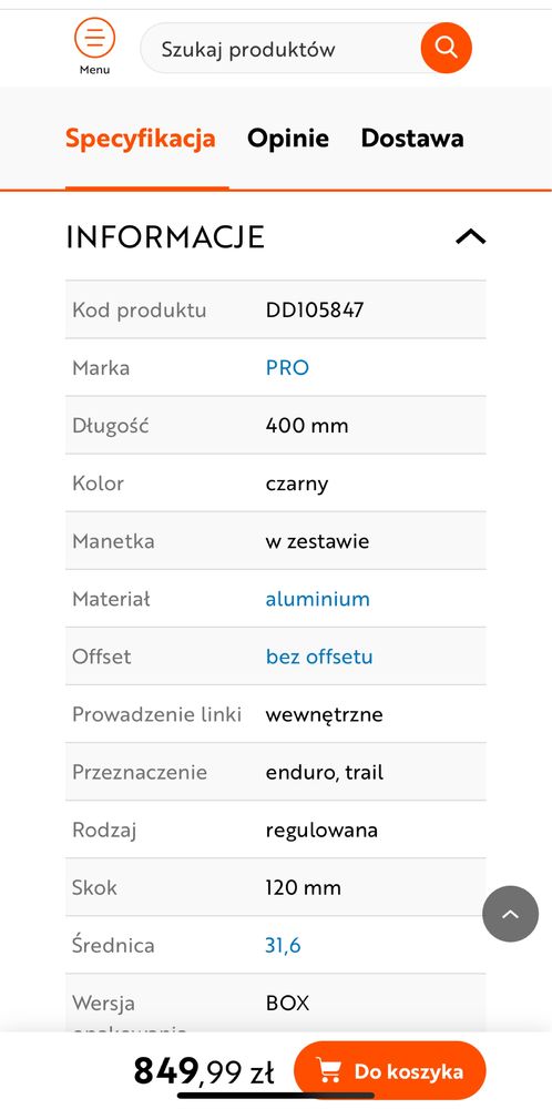 Sztyca regulowana z manetką PRO Koryak