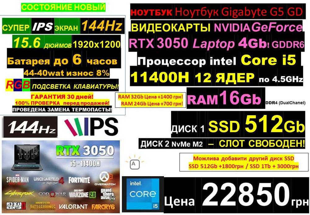 є90 Ноутбуків‼️Traid-In‼️Gigabyte G5‼️144Гц RTX3050/i5/SSD512/RAM16-32