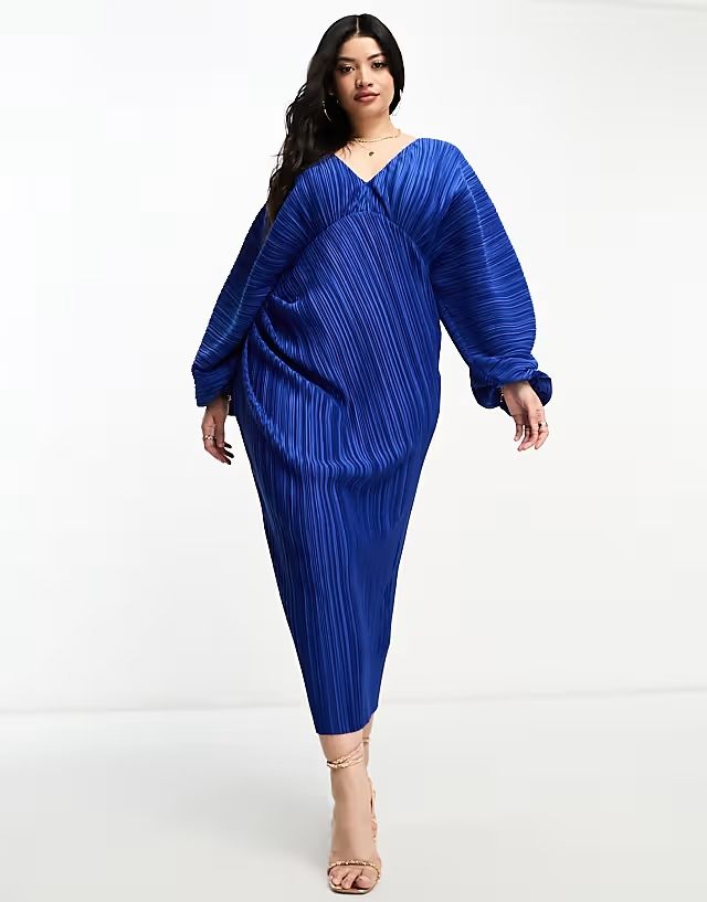 Asos Design 44 Xxl Niebieska Sukienka Curve Blouson Plisowana D1103