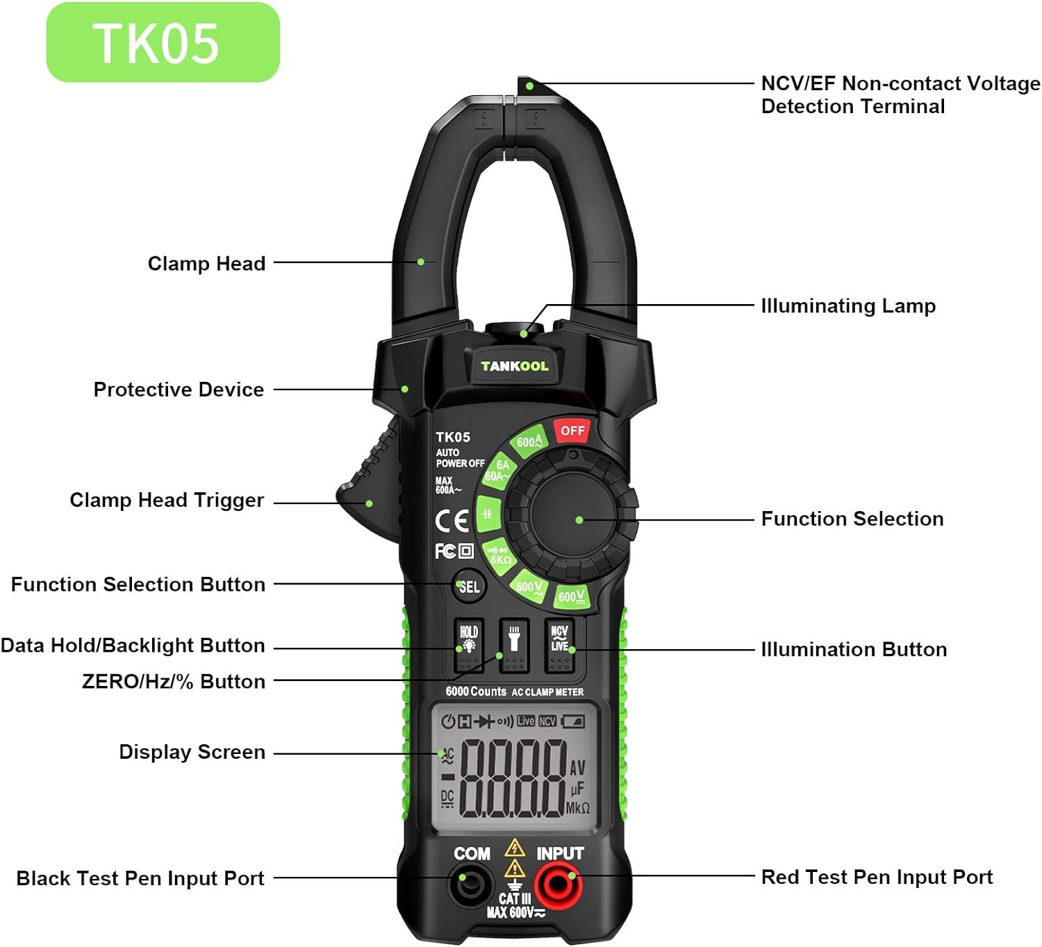 Szczypce Amperometryczne AC 0-600A TANKOOL TK05 Multimetr 6000