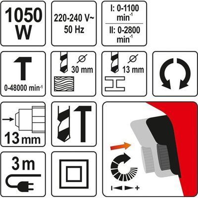 Wiertarka Udarowa 2-Biegowa 1050W