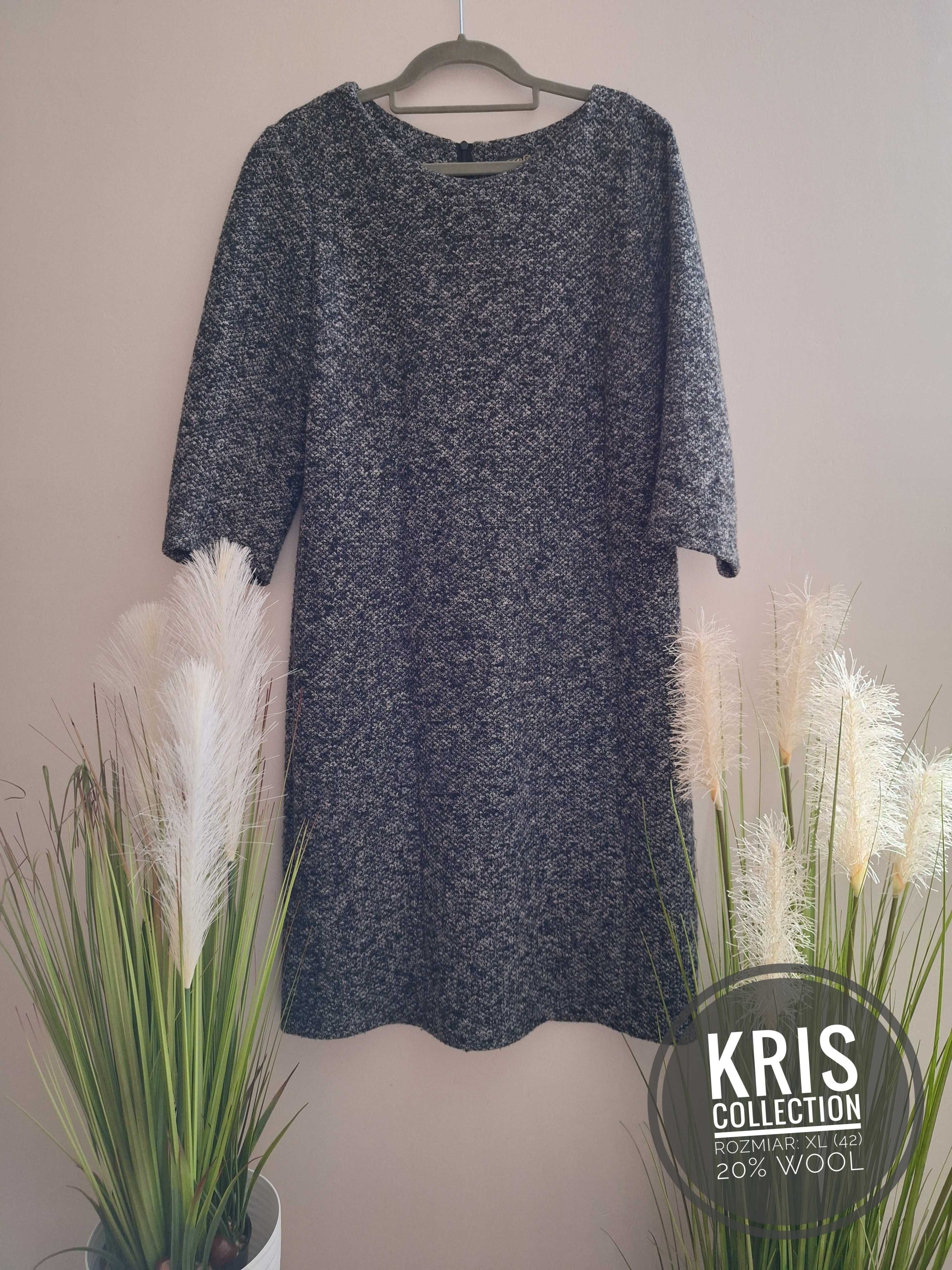 Sukienka sweterkowa prosta szara z 3/4 rękawem Kris Collection XL (42)