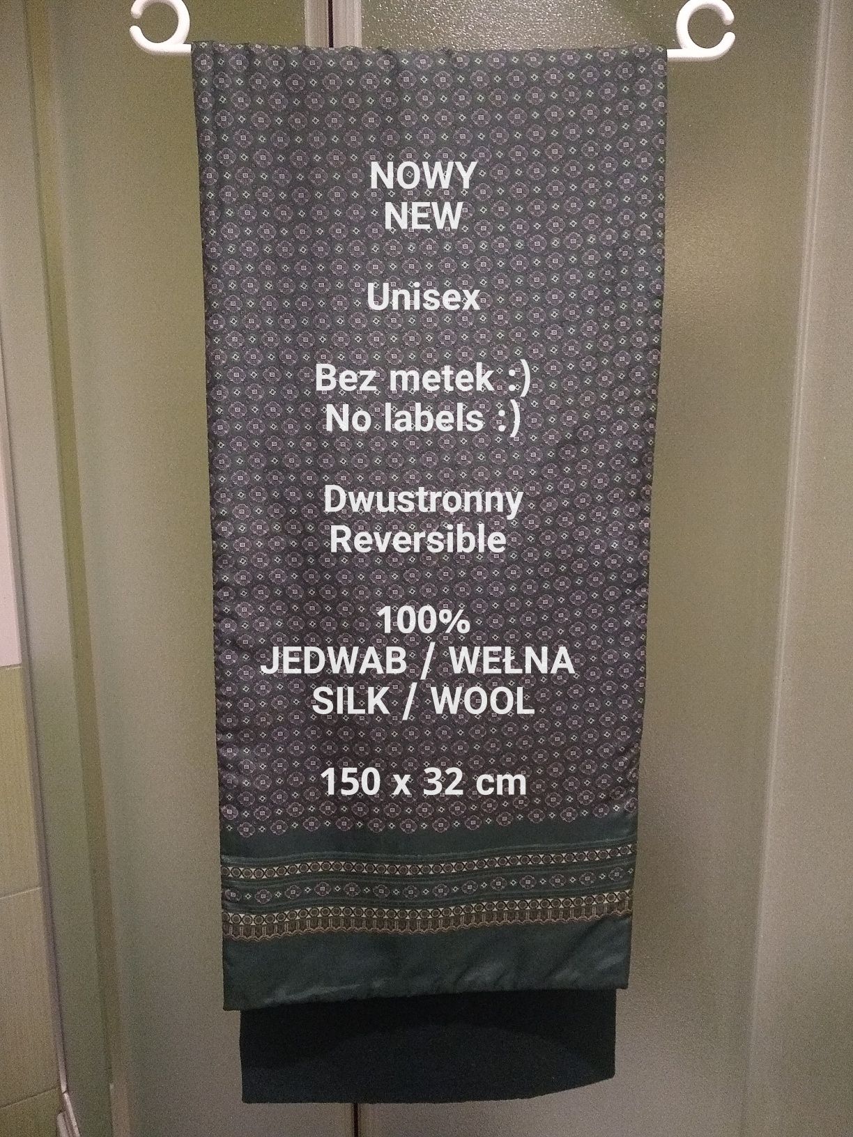 Elegancki dwustronny szal, 100% Jedwab + Wełna, 150 x 32 cm