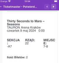 Sprzedam 4 bilety na koncert Thirty Seconds to Mars