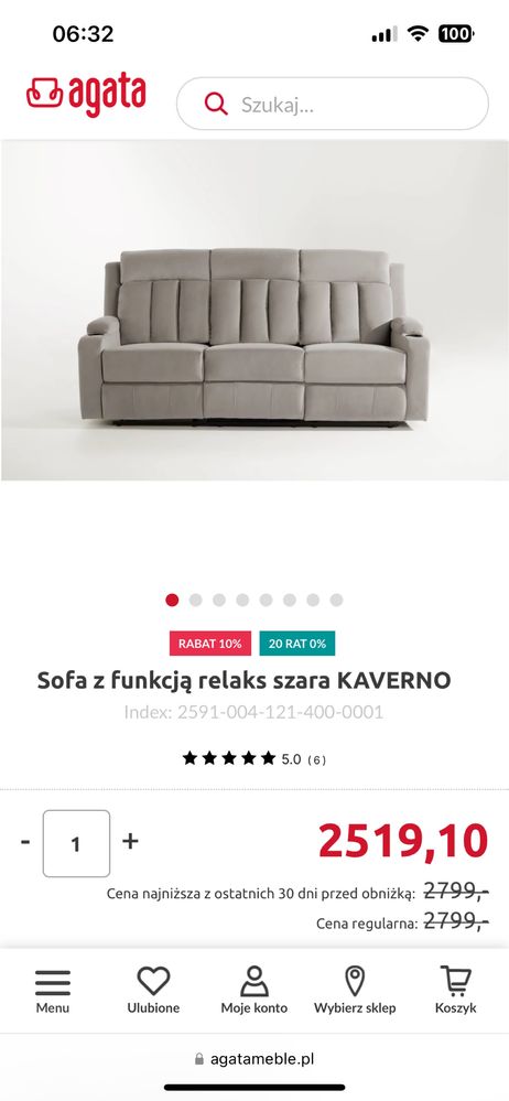 Sofa z funkcją relaks szara KAVERNO z salonu Agata na gwarancji