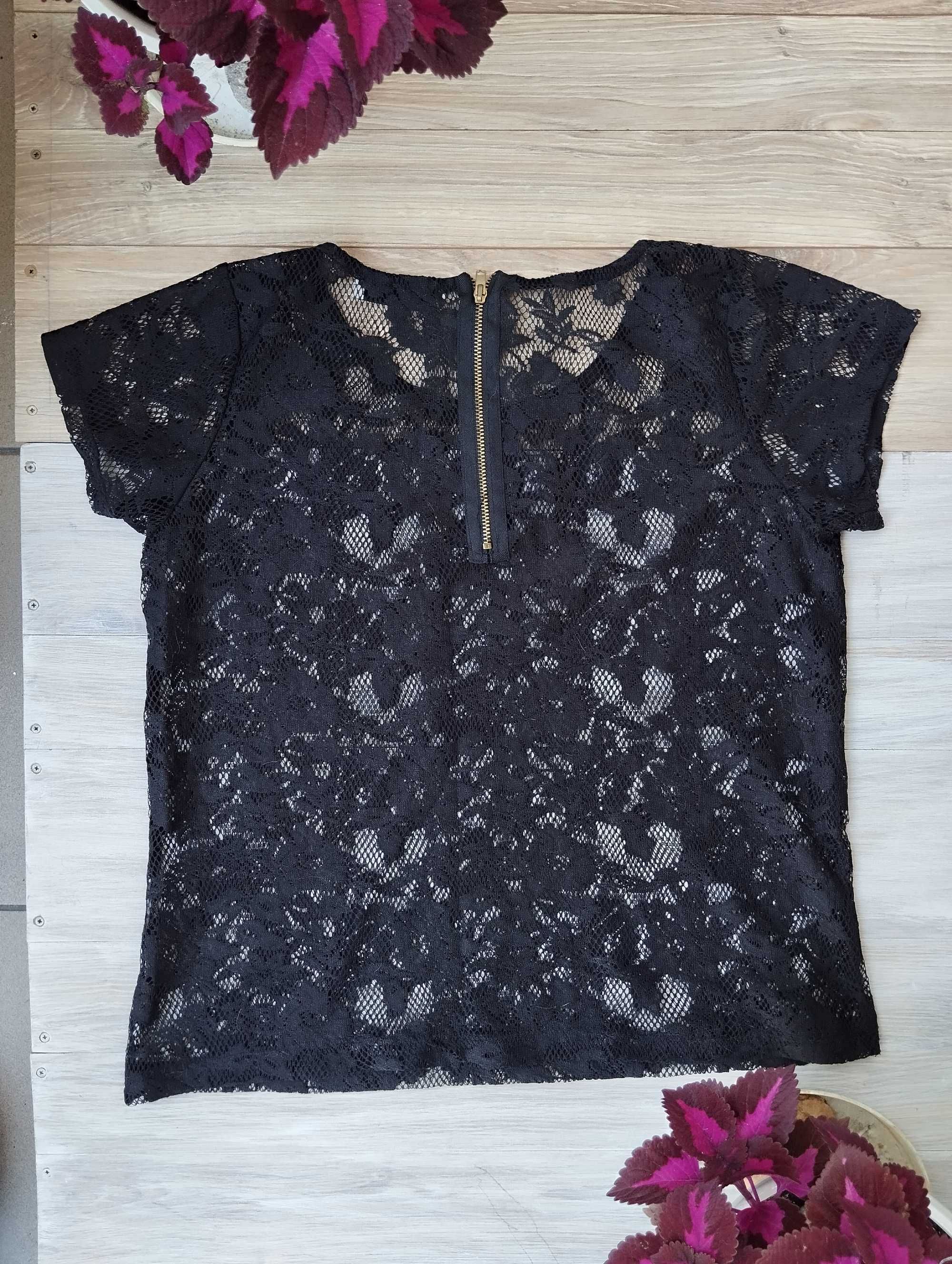 koronkowy t-shirt top czarny xs rękaw ażur transparent rockowy gotycki