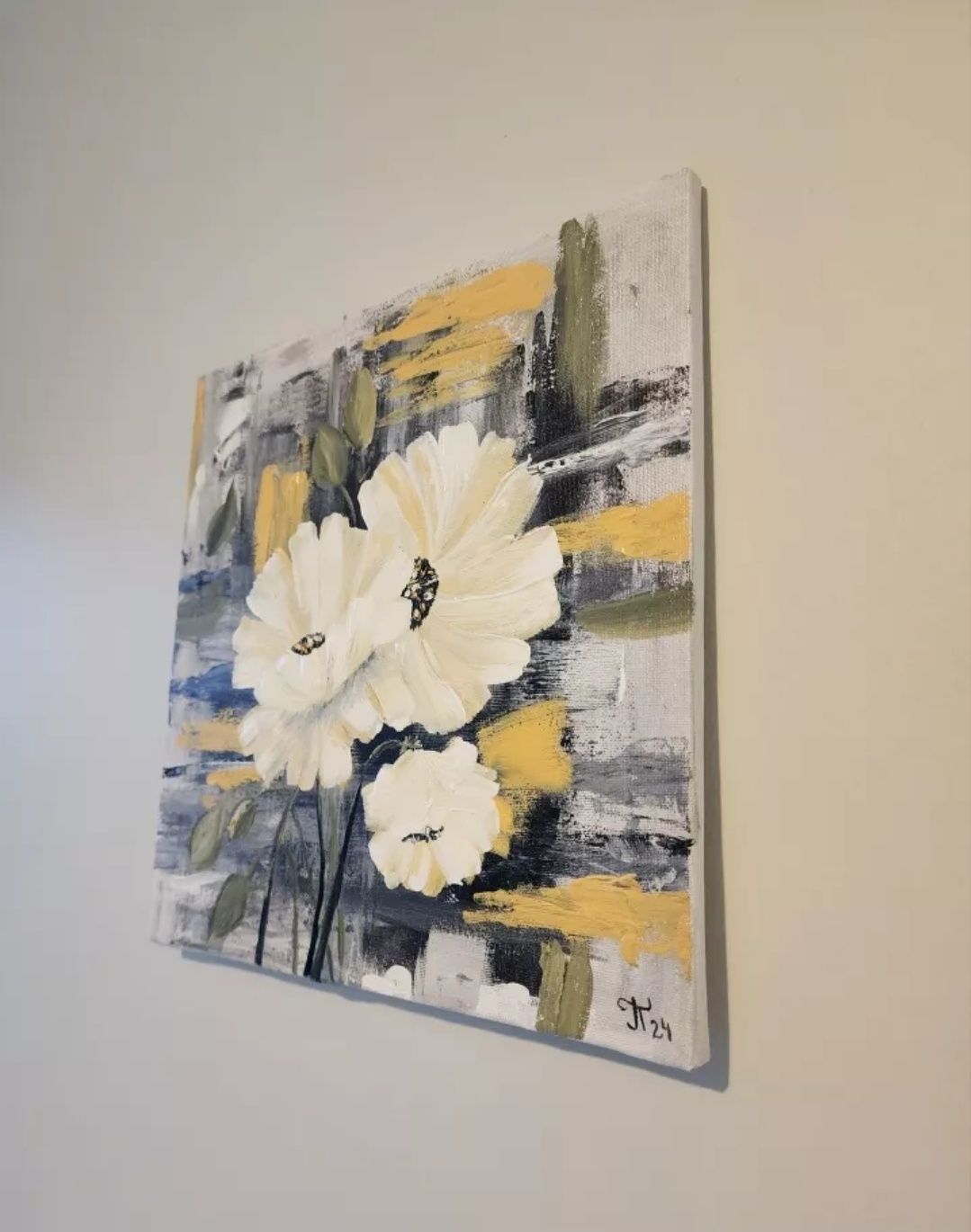 Quadro Pintura Á Mão sobre Tela Canva Flores Brancas 30x30 cm