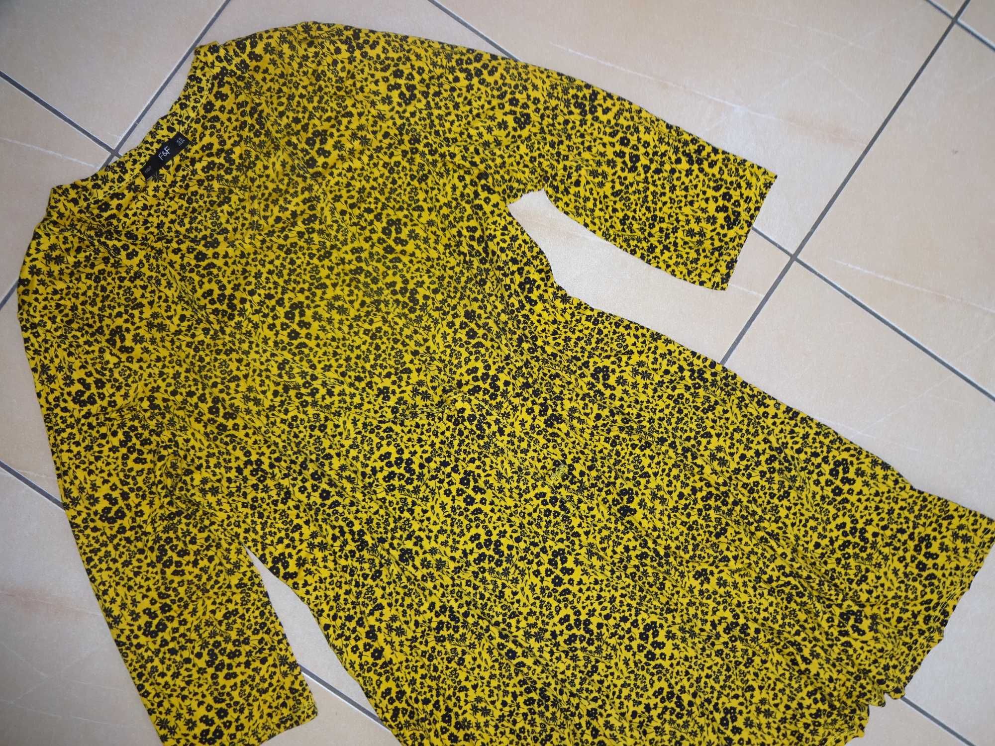 F&F sukienka WISKOZA żółta w czarne kwiaty rękaw 3/4 okazja EUR 44