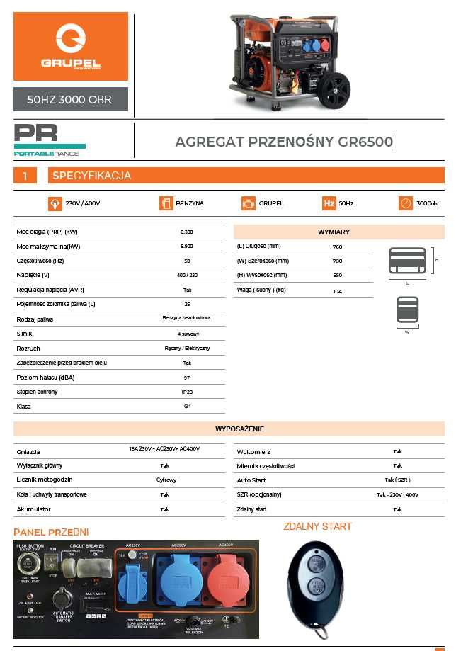 NOWY AGREGAT Prądotwórczy GRUPEL GR6500- 230V/400V + Zdalny Start
