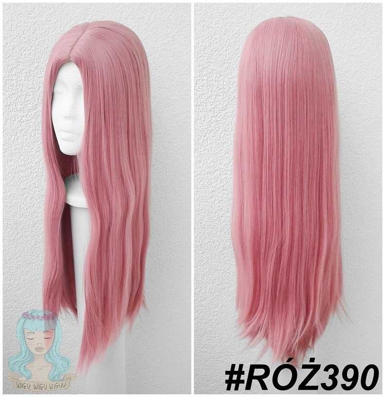 Długa różowa peruka z przedziałkiem bez grzywki prosta cosplay wig