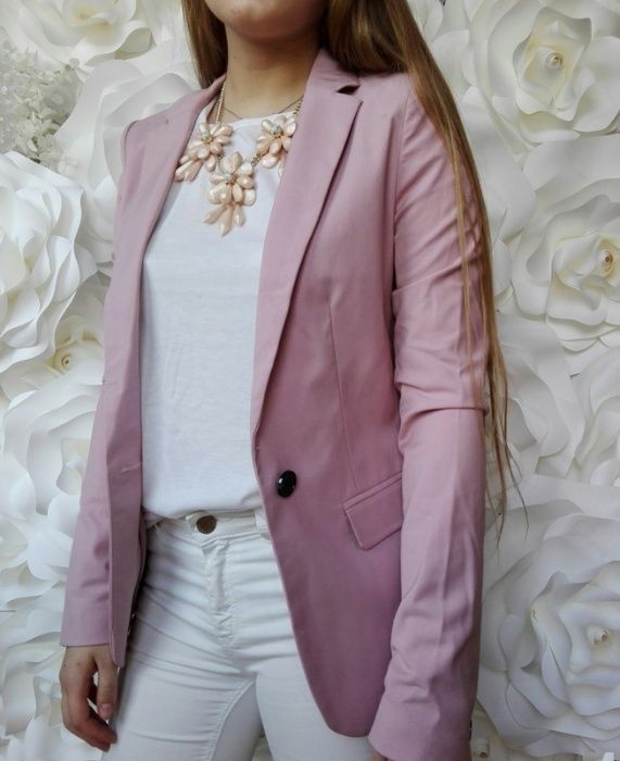 Marynarka pudrowy róż elegancka żakiet nowy wesele XS XXS nowa pastel