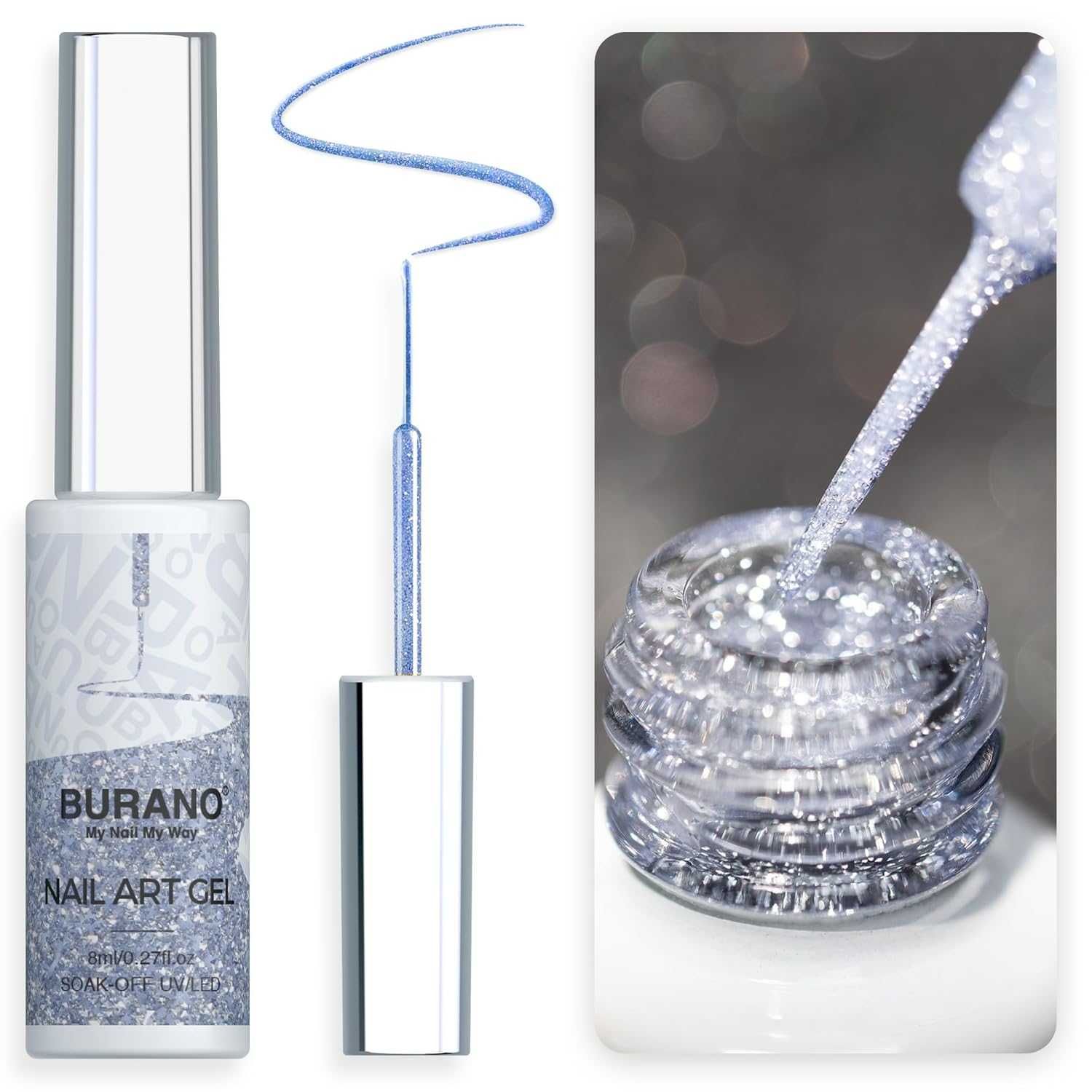 BURANO Lakier do paznokci UV LED LX27 Srebrny Brokat 8ml