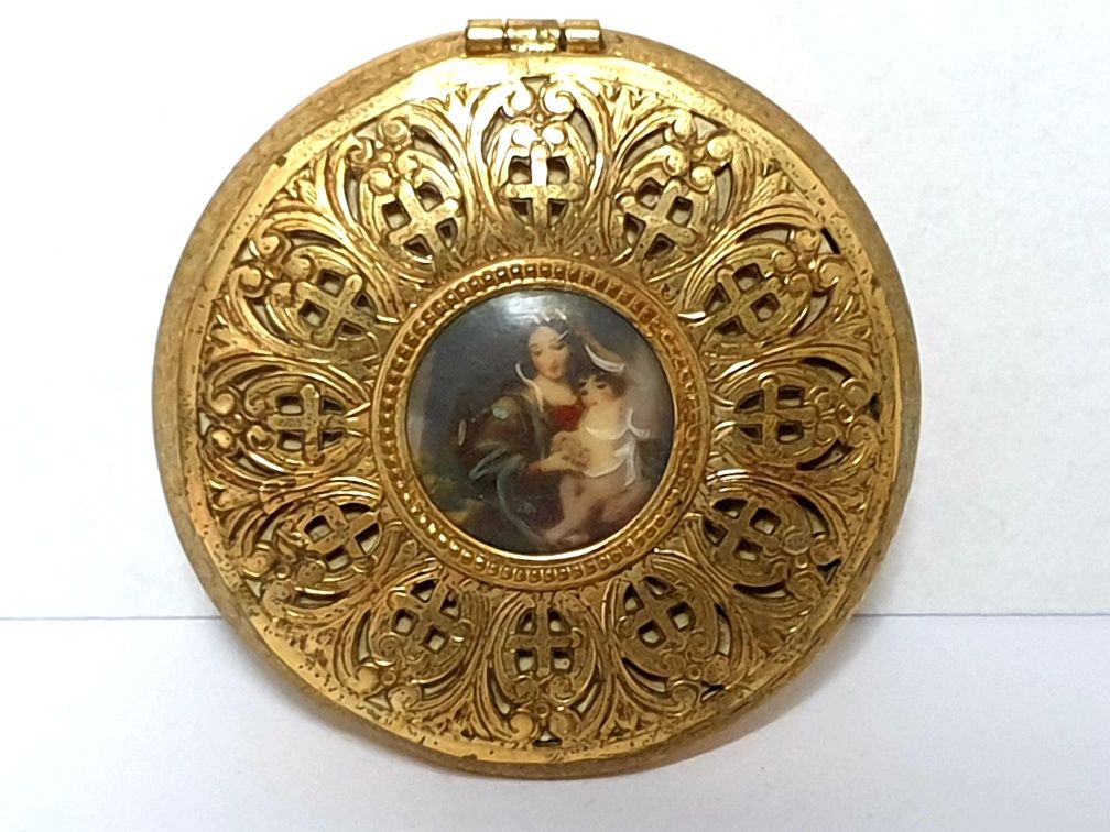 Rara magnífica antiga caixa dourada com pintura à lupa Nossa Senhora