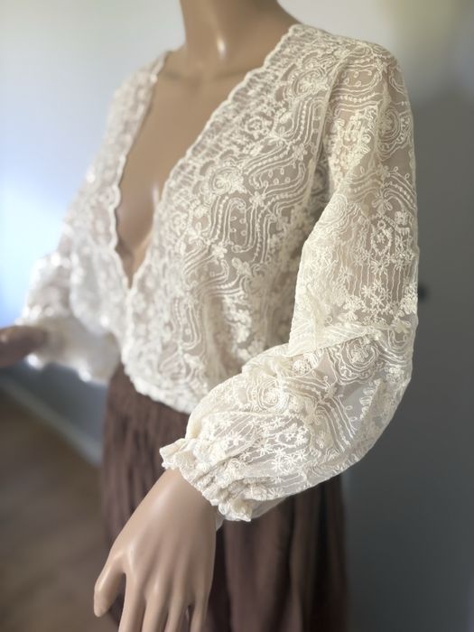 Dwuczęściowa suknia do sesji ciążowej, brąz i koronka boho rustykalna